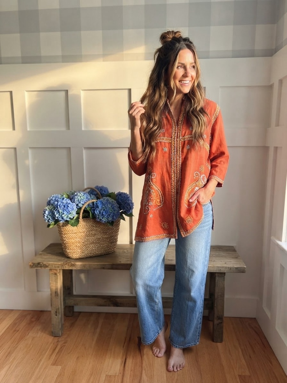 Embroidered Orange Boho Tunic Jacket - Lightweight Women’s Layer XL